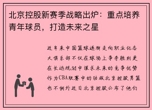 北京控股新赛季战略出炉：重点培养青年球员，打造未来之星