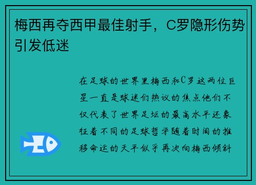 梅西再夺西甲最佳射手，C罗隐形伤势引发低迷